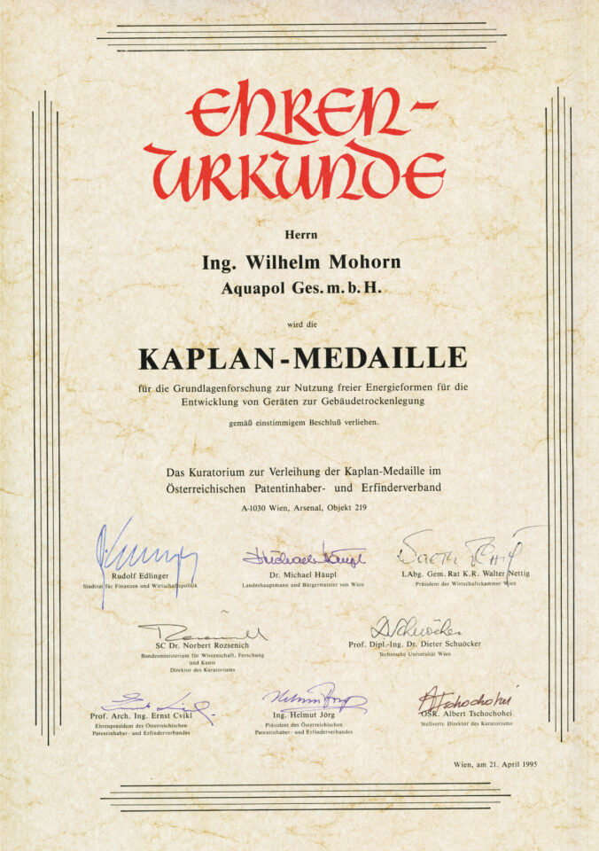 Urkunde Kaplan-Medialle Ing. Wilhelm Mohorn